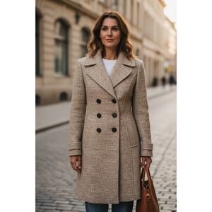 Ivanka Trump Pea Coat Women Oatmeal Wool Blend Double Breasted Textured Size 6